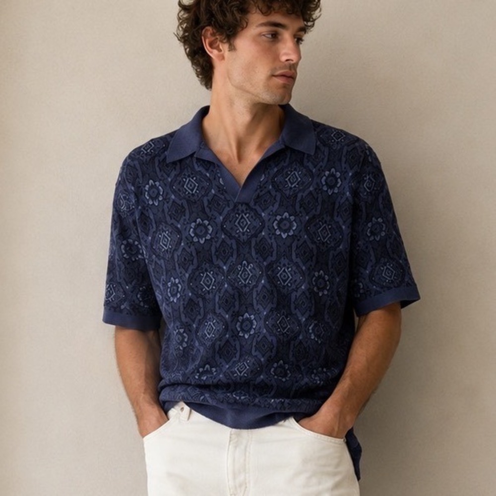 Abercrombie & Fitch Knit Polo Sweater Shirt Mens M Blue Geometric Jacquard Retro